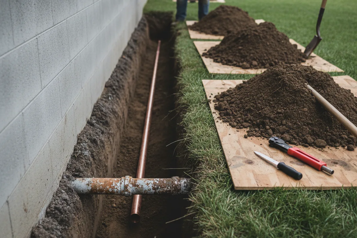 Excavated water line trench during Water Heater Repair in Welch